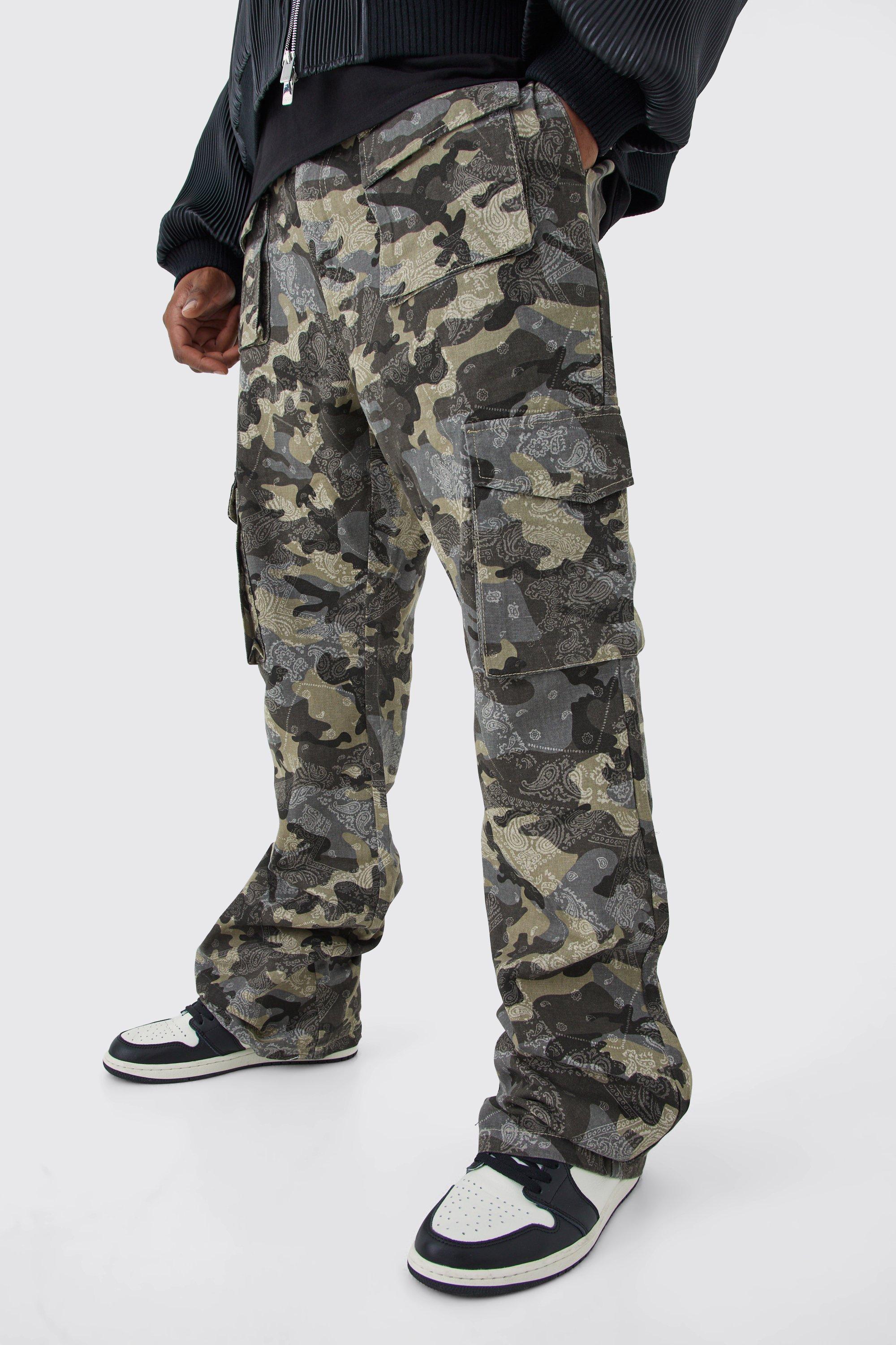 Mens Grey Plus Slim Stacked Flare Multi Cargo Camo Bandana Trouser, Grey